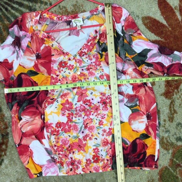 Fig & Flower Red Orange Floral Blouse Tie balloon Sleeves Boho pretty rayon L. - Picture 4 of 11